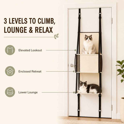 Paws in Awe 3-Tier Door-Mounted Hanging Cat Tree for Apartments – Foldable Space-Saving Cat Climber & Lounge