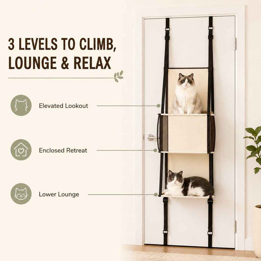 Paws in Awe 3-Tier Door-Mounted Hanging Cat Tree for Apartments – Foldable Space-Saving Cat Climber & Lounge