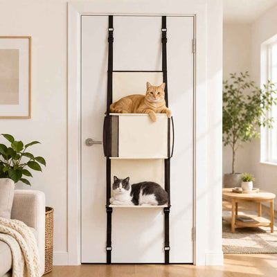 Paws in Awe 3-Tier Door-Mounted Hanging Cat Tree for Apartments – Foldable Space-Saving Cat Climber & Lounge