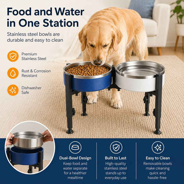 Paws in Awe Adjustable Raised Dog Bowl Stand for Home Feeding - No-Bend Metal Pet Bowl Holder for Cleaner, More Comfortable Meals