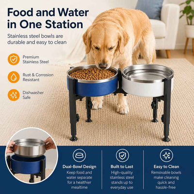 Paws in Awe Adjustable Raised Dog Bowl Stand for Home Feeding - No-Bend Metal Pet Bowl Holder for Cleaner, More Comfortable Meals