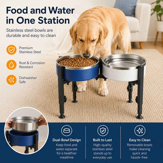 Paws in Awe Adjustable Raised Dog Bowl Stand for Home Feeding - No-Bend Metal Pet Bowl Holder for Cleaner, More Comfortable Meals