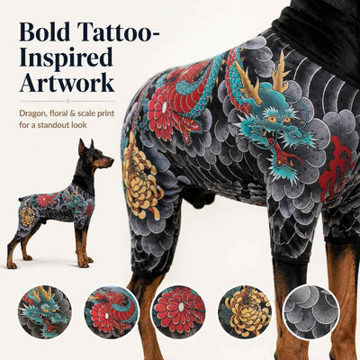 Paws in Awe Tattoo Print Dog & Cat Bodysuit for Walks & Photos - Soft Stretch Pet Onesie Helps Contain Loose Hair