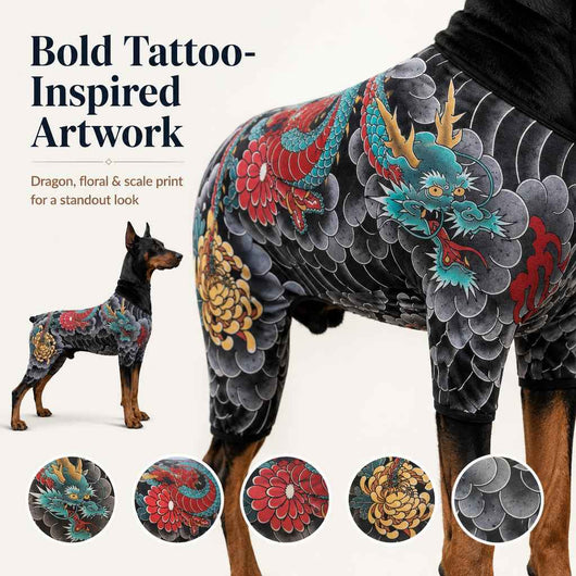 Paws in Awe Tattoo Print Dog & Cat Bodysuit for Walks & Photos - Soft Stretch Pet Onesie Helps Contain Loose Hair