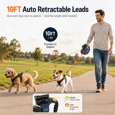 Paws in Awe Dual Dog Leash – 360° Tangle-Free Retractable with LED Light & Built-In Poop Bag Holder