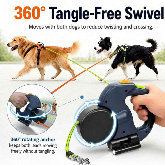 Paws in Awe Dual Dog Leash – 360° Tangle-Free Retractable with LED Light & Built-In Poop Bag Holder