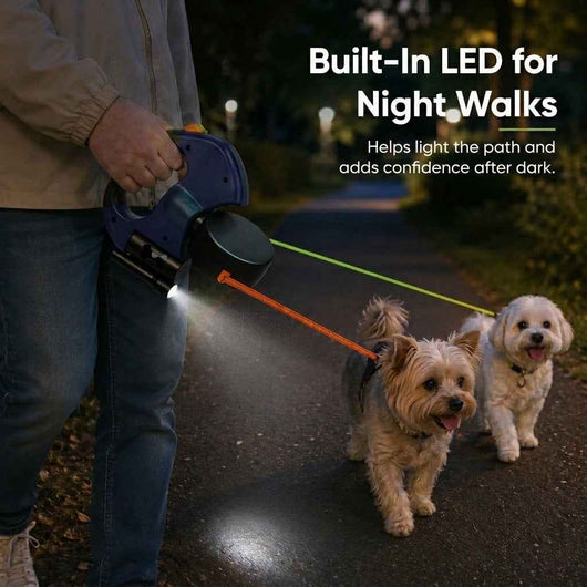 Paws in Awe Dual Dog Leash – 360° Tangle-Free Retractable with LED Light & Built-In Poop Bag Holder