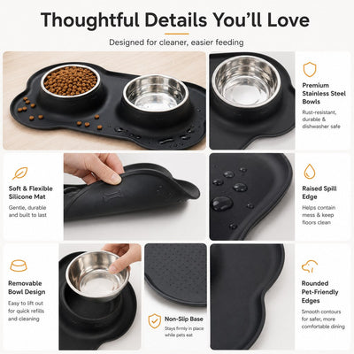 Spill-Proof Dual Pet Bowl with Raised Silicone Mat