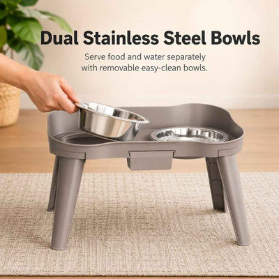 Paws in Awe Elevated Pet Feeder with Spill Guard for Cats & Dogs - Raised Dual Stainless Steel Bowls for Cleaner Floors