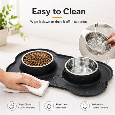 Spill-Proof Dual Pet Bowl with Raised Silicone Mat