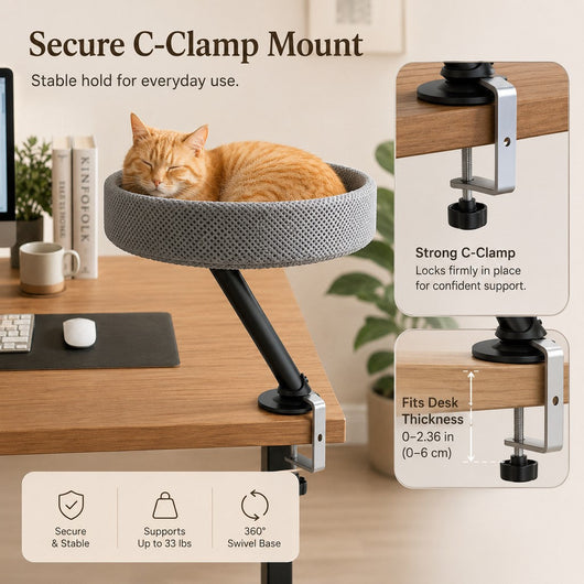 Komavic Desk-Mounted Cat Bed Perch with Clamp-On Design