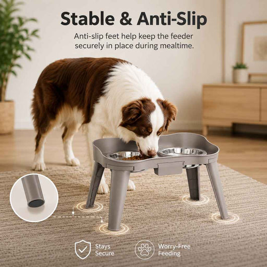 Paws in Awe Elevated Pet Feeder with Spill Guard for Cats & Dogs - Raised Dual Stainless Steel Bowls for Cleaner Floors