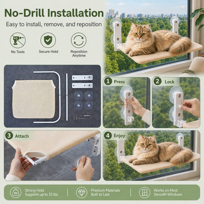 Komavic Foldable Cat Window Hammock for Apartments - No-Drill Suction Perch for Sunny Naps Without Taking Up Floor Space