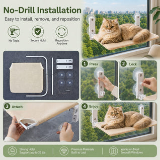 Komavic Foldable Cat Window Hammock for Apartments - No-Drill Suction Perch for Sunny Naps Without Taking Up Floor Space