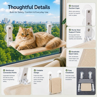 Komavic Foldable Cat Window Hammock for Apartments - No-Drill Suction Perch for Sunny Naps Without Taking Up Floor Space