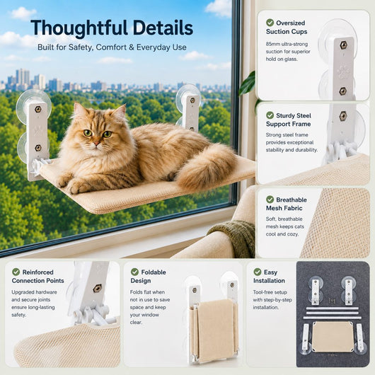 Komavic Foldable Cat Window Hammock for Apartments - No-Drill Suction Perch for Sunny Naps Without Taking Up Floor Space