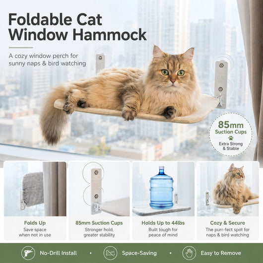 Komavic Foldable Cat Window Hammock for Apartments - No-Drill Suction Perch for Sunny Naps Without Taking Up Floor Space