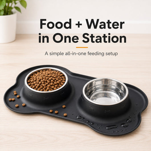 Spill-Proof Dual Pet Bowl with Raised Silicone Mat