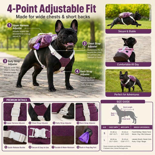 Paws in Awe Frenchie Adventure Backpack Harness for Daily Walks - Carry Poop Bags, Treats & Keys Without Neck Pulling