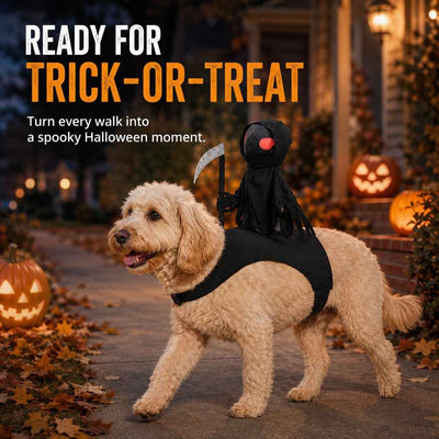 Paws in Awe Grim Reaper Rider Pet Costume – Adjustable 3D Halloween Outfit for Trick-or-Treat, Parties & Photos