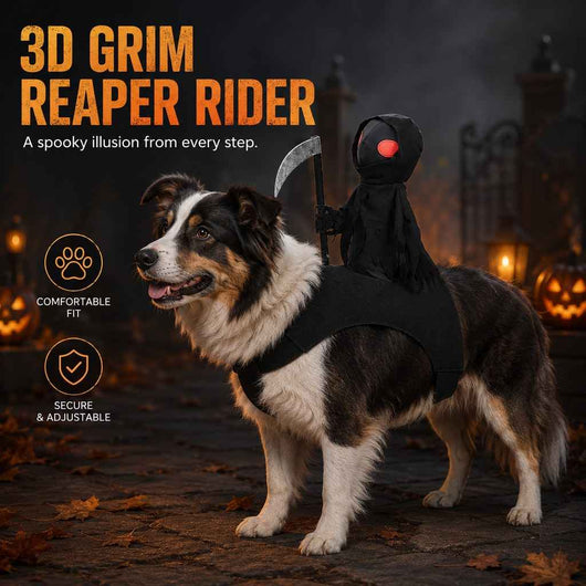 Paws in Awe Grim Reaper Rider Pet Costume – Adjustable 3D Halloween Outfit for Trick-or-Treat, Parties & Photos