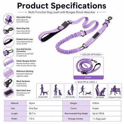 Hands-Free Shock-Absorbing Dog Leash for Running, Walking & Car Travel - Bungee Leash Helps Reduce Pulling