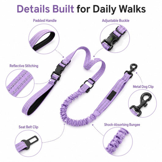 Hands-Free Shock-Absorbing Dog Leash for Running, Walking & Car Travel - Bungee Leash Helps Reduce Pulling