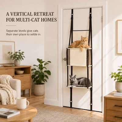 Paws in Awe 3-Tier Door-Mounted Hanging Cat Tree for Apartments – Foldable Space-Saving Cat Climber & Lounge