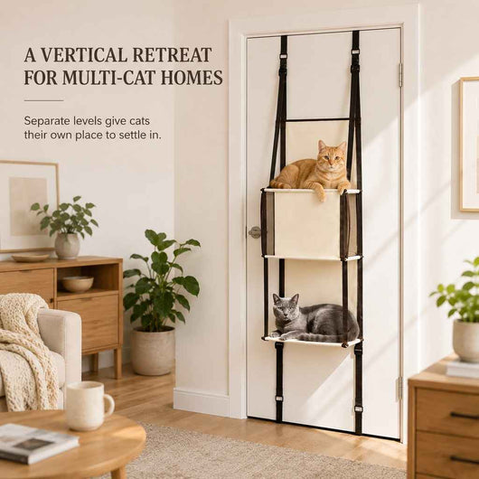 Paws in Awe 3-Tier Door-Mounted Hanging Cat Tree for Apartments – Foldable Space-Saving Cat Climber & Lounge