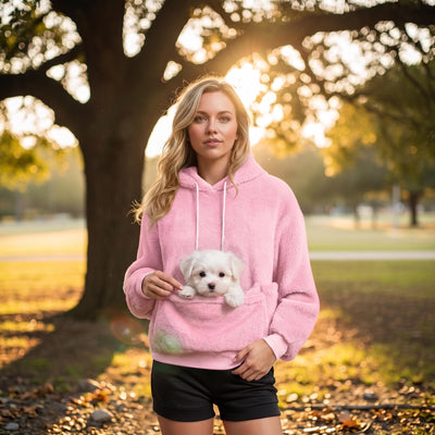 Plush Fleece Pet Pocket Hoodie - Womens Casual Loose Fit Pullover for Dog Owners
