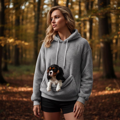Plush Fleece Pet Pocket Hoodie - Womens Casual Loose Fit Pullover for Dog Owners