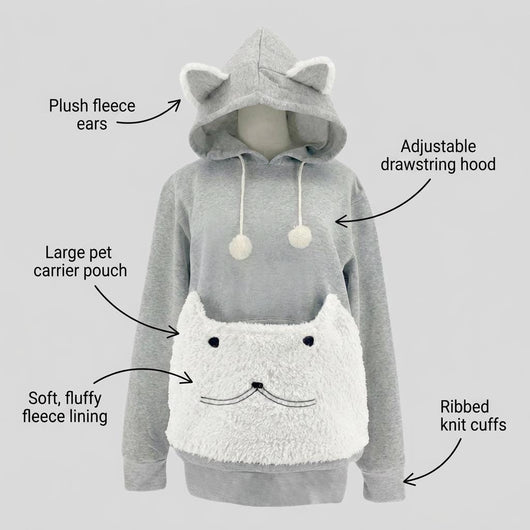 Cat Carrier Hoodie with Pet Pouch, Cozy Cat Mom Sweatshirt for Small Pets