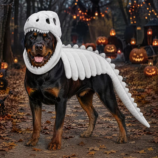 A Rottweiler dog wearing a plush white dinosaur skeleton costume with a skull headpiece and long tail, standing in a Halloween-lit forest path with pumpkins and warm lights in the background.