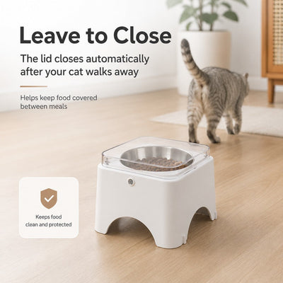 Komavic Smart Auto-Opening Covered Cat Bowl for Cleaner Indoor Feeding - Rechargeable Dustproof Cat Feeder