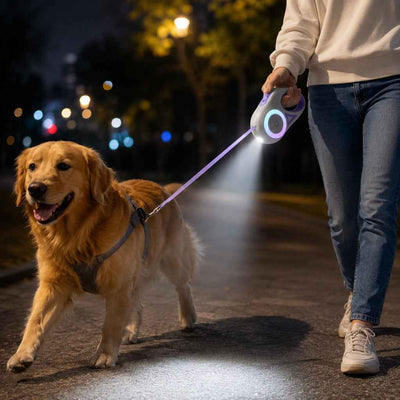 Paws in Awe LED Retractable Dog Leash for Night Walks - Light-Up Dog Leash with Built-In Spotlight, RGB Side Glow & One-Touch Brake for Safer Evening Walks