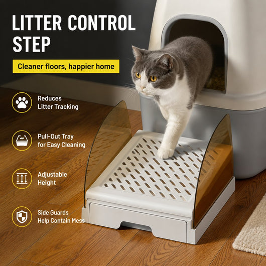 Adjustable Cat Litter Box Step with Pull-Out Tray