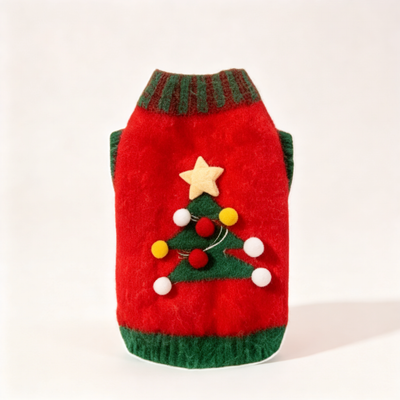 Komavic Red Christmas Tree Knit Dog Sweater with Pompom and Star Details