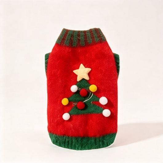 Komavic Red Christmas Tree Knit Dog Sweater with Pompom and Star Details