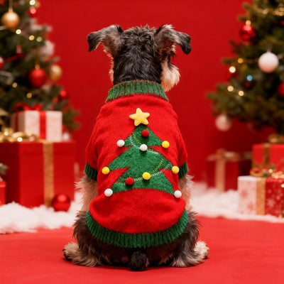 Komavic Red Christmas Tree Knit Dog Sweater with Pompom and Star Details