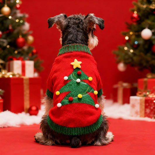 Komavic Red Christmas Tree Knit Dog Sweater with Pompom and Star Details