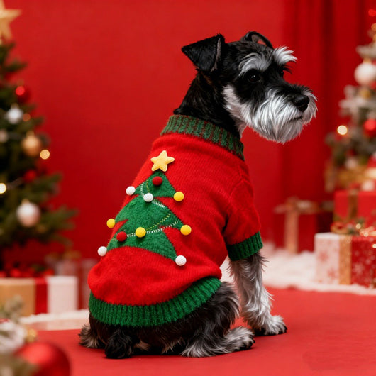 Komavic Red Christmas Tree Knit Dog Sweater with Pompom and Star Details