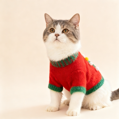 Komavic Red Christmas Tree Knit Dog Sweater with Pompom and Star Details