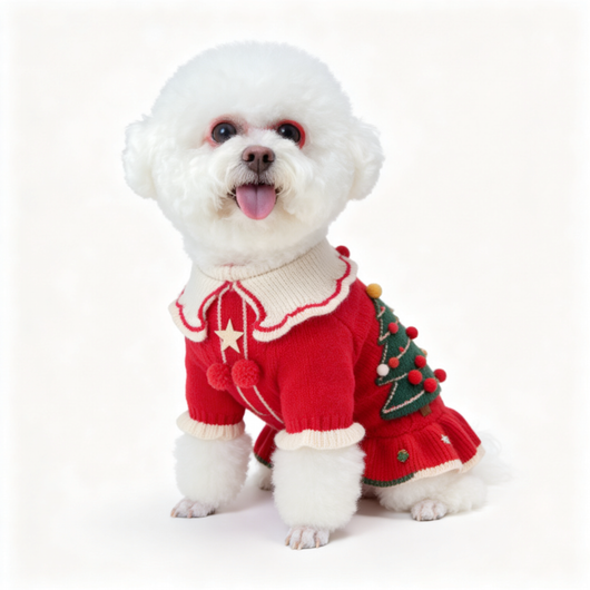 Komavic Red Christmas Tree Knit Dog Sweater with Pompom and Star Details