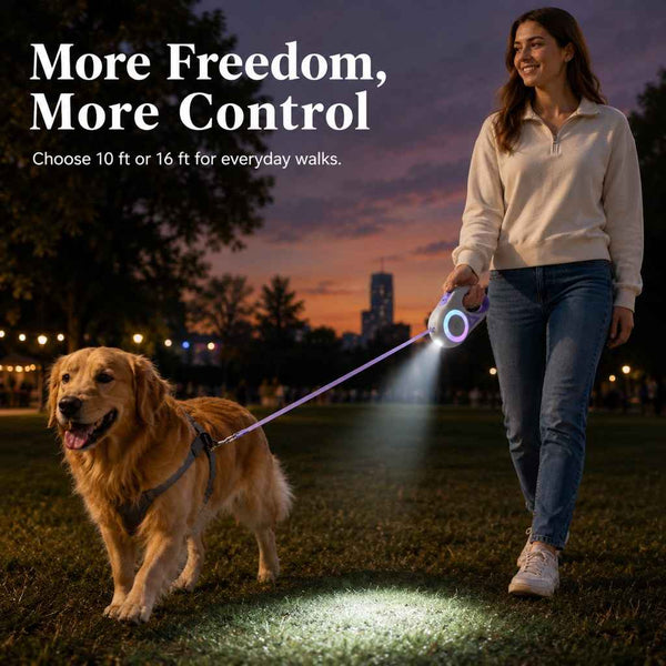 Paws in Awe LED Retractable Dog Leash for Night Walks - Light-Up Dog Leash with Built-In Spotlight, RGB Side Glow & One-Touch Brake for Safer Evening Walks