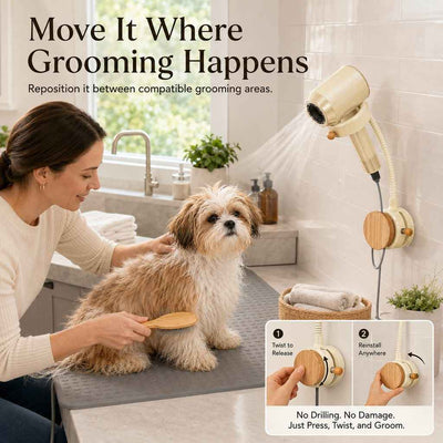 Paws in Awe Hands-Free Pet Grooming Hair Dryer Holder for At-Home Bath Time - Repositionable Suction Mount with 360 Flexible Arm
