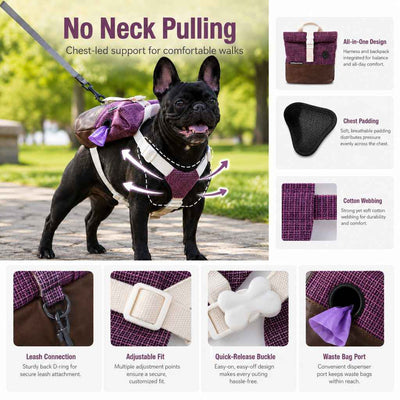 Paws in Awe Frenchie Adventure Backpack Harness for Daily Walks - Carry Poop Bags, Treats & Keys Without Neck Pulling