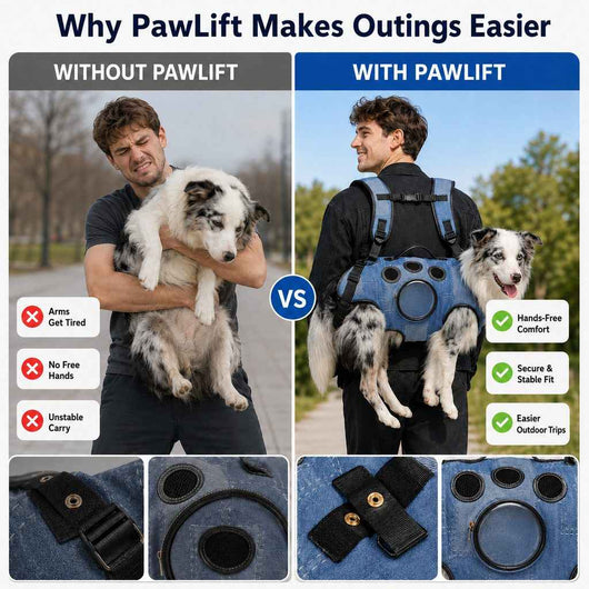 Paws in Awe PawLift Denim Hands-Free Dog Carrier Backpack Harness for Walks, Shopping & Outdoor Trips - Carry Tired Dogs Without Arm Strain