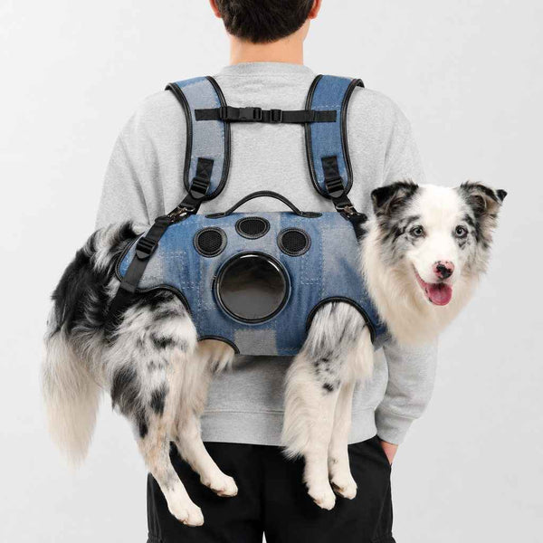 Paws in Awe PawLift Denim Hands-Free Dog Carrier Backpack Harness for Walks, Shopping & Outdoor Trips - Carry Tired Dogs Without Arm Strain