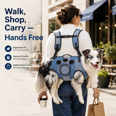 Paws in Awe PawLift Denim Hands-Free Dog Carrier Backpack Harness for Walks, Shopping & Outdoor Trips - Carry Tired Dogs Without Arm Strain