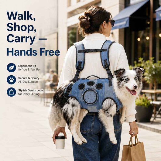 Paws in Awe PawLift Denim Hands-Free Dog Carrier Backpack Harness for Walks, Shopping & Outdoor Trips - Carry Tired Dogs Without Arm Strain